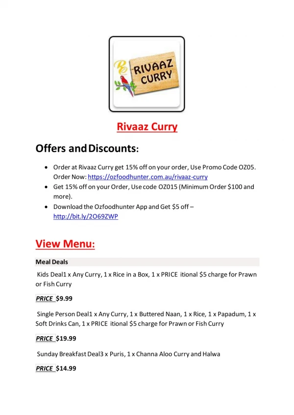 25% Off -Rivaaz Curry-Bundaberg - Order Food Online