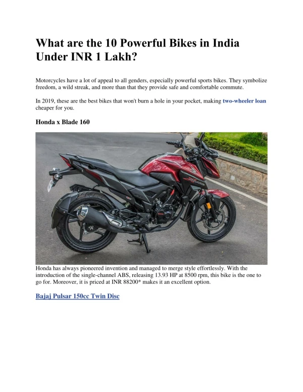 List of 10 Most Powerful Bikes Under Rs. 1 Lakh in India
