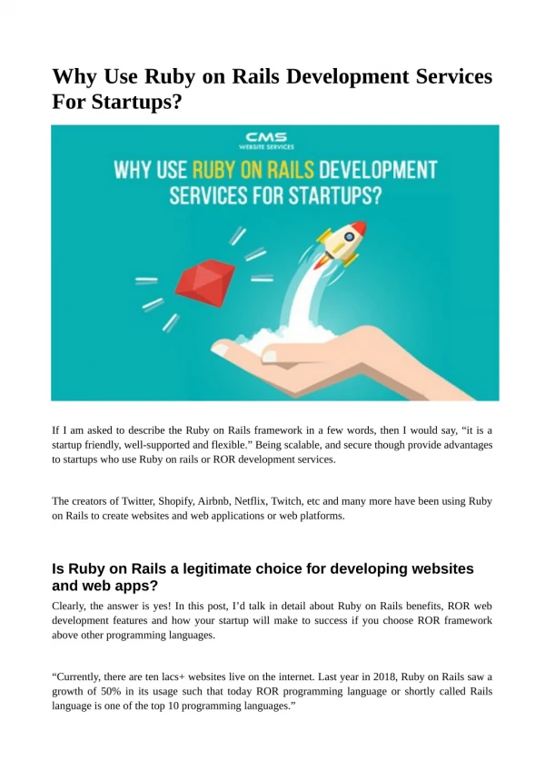 Why Ruby on Rails Development Services For Startups - Cmswebsiteservices