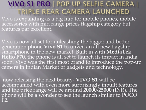 Vivo S1 Pro | Pop up selfie camera | Triple rear camera launched