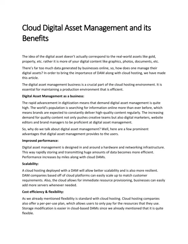 Cloud Digital Asset Management and its Benefits