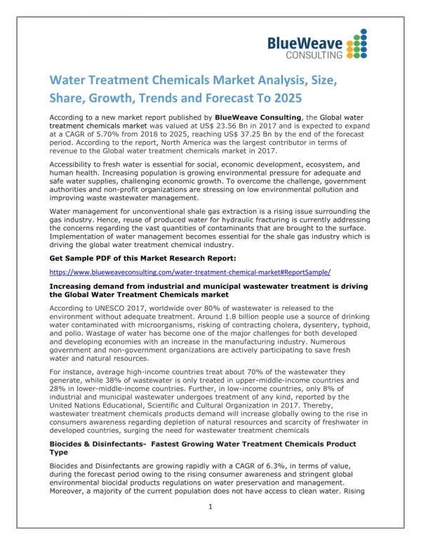 Water Treatment Chemicals Market Analysis, Size, Share, Growth, Trends and Forecast To 2025