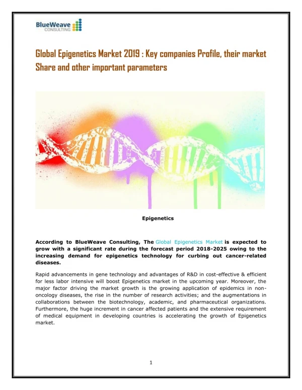 Global Epigenetics Market Report 2019-2025: Top Companies, Trends and Growth Factors, Global Market Status, Driving Fact