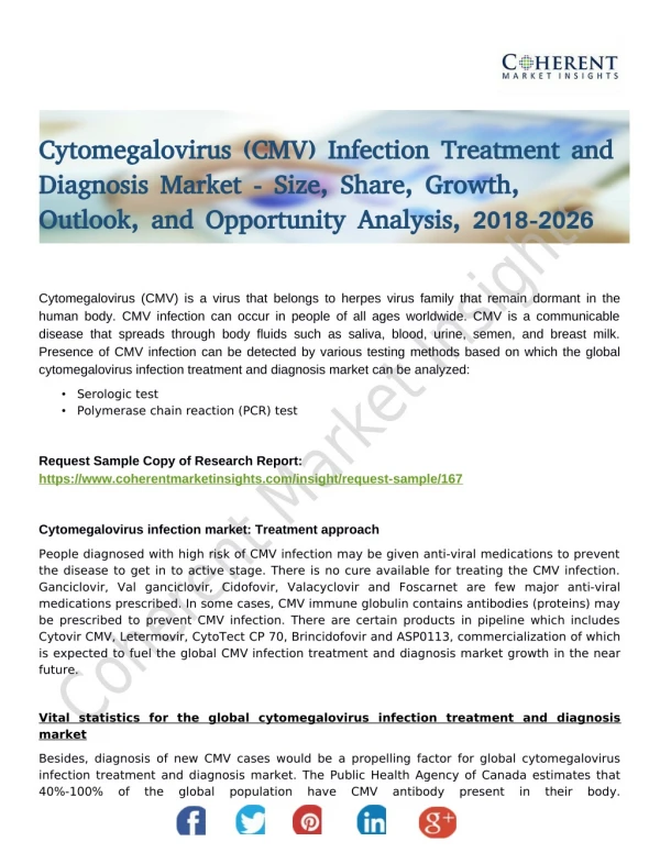 Cytomegalovirus Infection Treatment and Diagnosis Market show significant growth To 2026