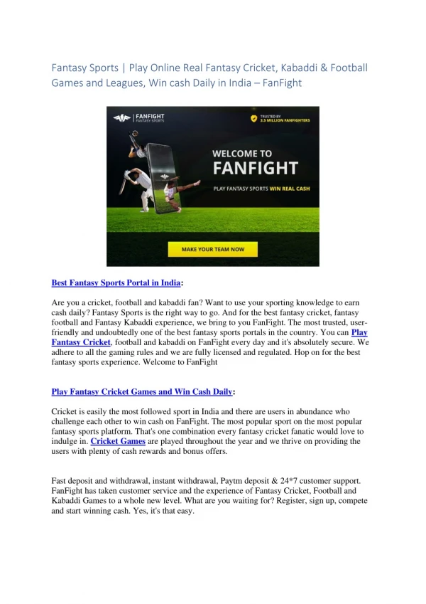 FanFight Fantasy Sports | Play Online Fantasy Cricket, Kabaddi and Football Games & Leagues in India