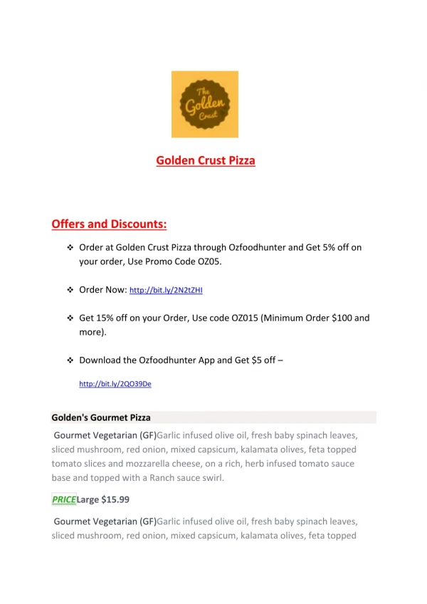 15% Off - Golden Crust Pizza-Baulkham Hills - Order Food Online
