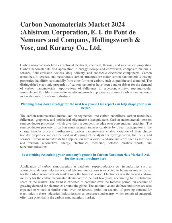 Carbon Nanomaterials Market 2024 :Ahlstrom Corporation, E. I. du Pont de Nemours and Company, Hollingsworth & Vose, and