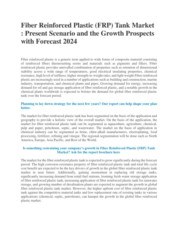 Fiber Reinforced Plastic (FRP) Tank Market : Present Scenario and the Growth Prospects with Forecast 2024