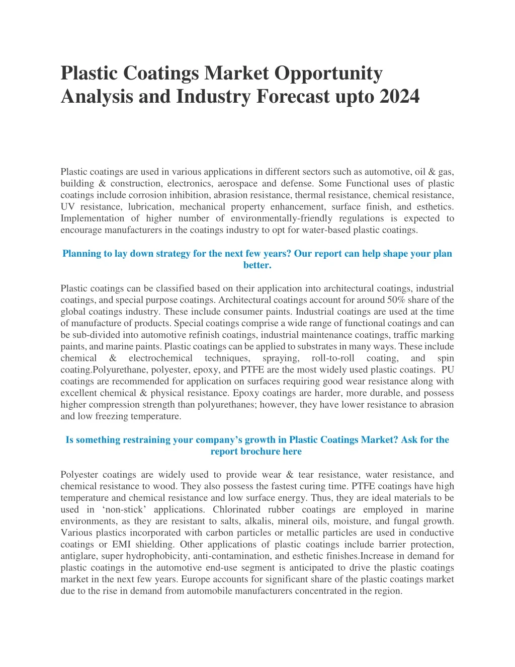 plastic coatings market opportunity analysis