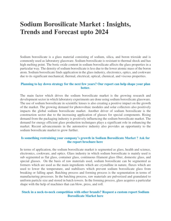 Sodium Borosilicate Market : Insights, Trends and Forecast upto 2024