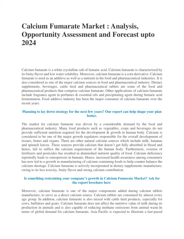 Calcium Fumarate Market : Analysis, Opportunity Assessment and Forecast upto 2024