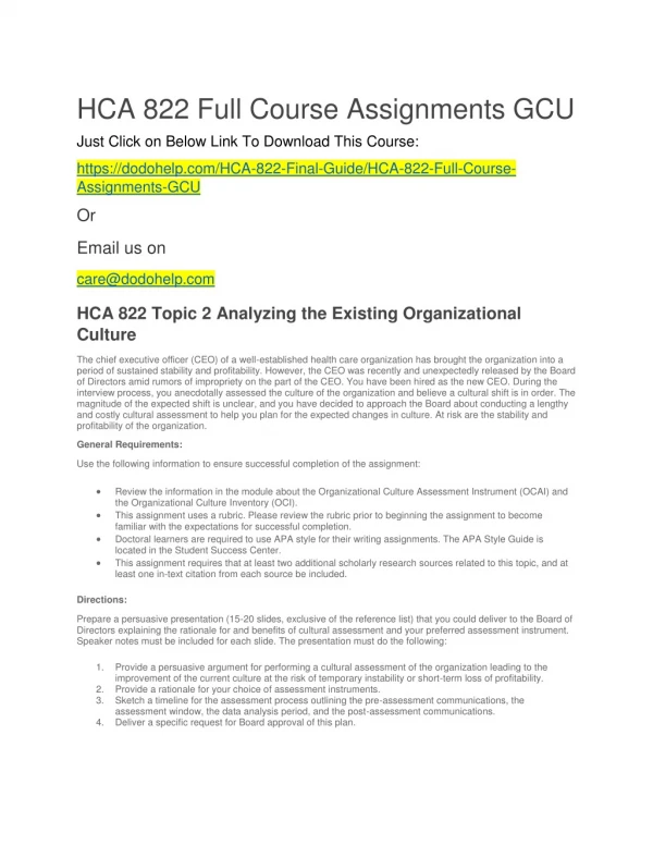 HCA 822 Full Course Assignments GCU