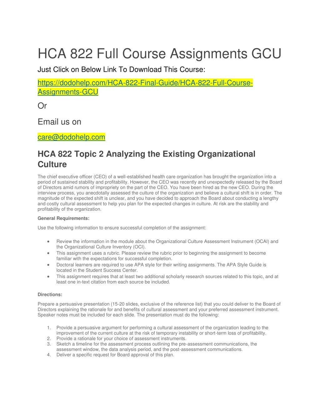 hca 822 full course assignments gcu