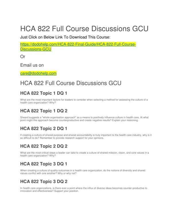 HCA 822 Full Course Discussions GCU