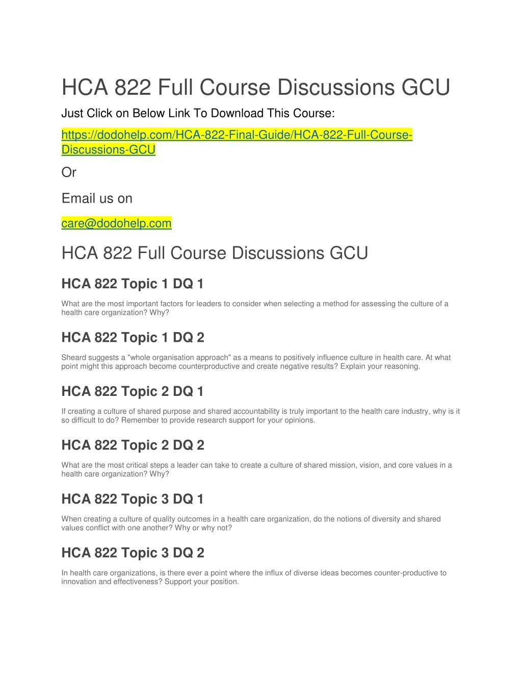 hca 822 full course discussions gcu