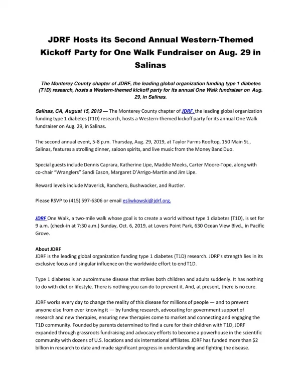 JDRF Hosts its Second Annual Western-Themed Kickoff Party for One Walk Fundraiser