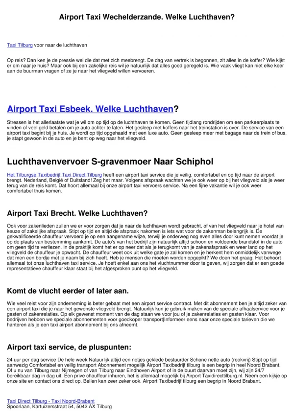 Airport Taxi Tilburg. Naar Welke Luchthaven?