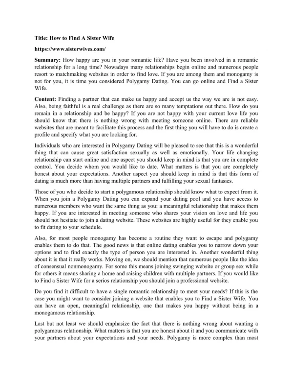 title how to find a sister wife