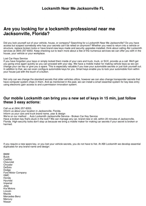 Locksmith Near Me Jacksonville Florida