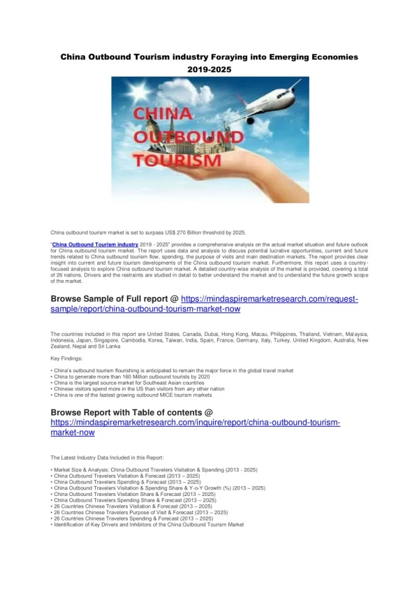 China Outbound Tourism industry Foraying into Emerging Economies 2019-2025