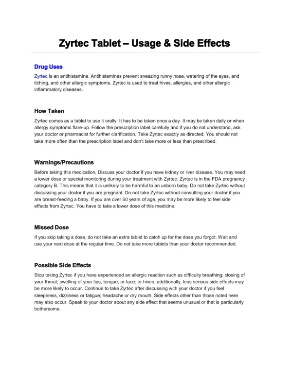 Zyrtec Tablet - Usage & Side Effects - ipharmacy