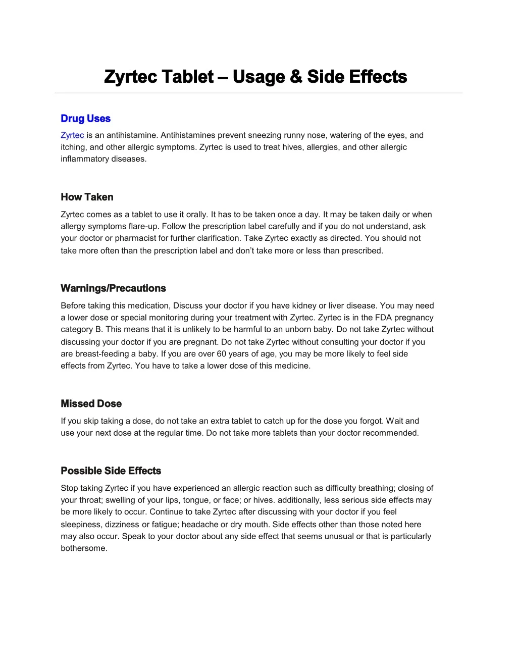 zyrtec tablet usage side effects