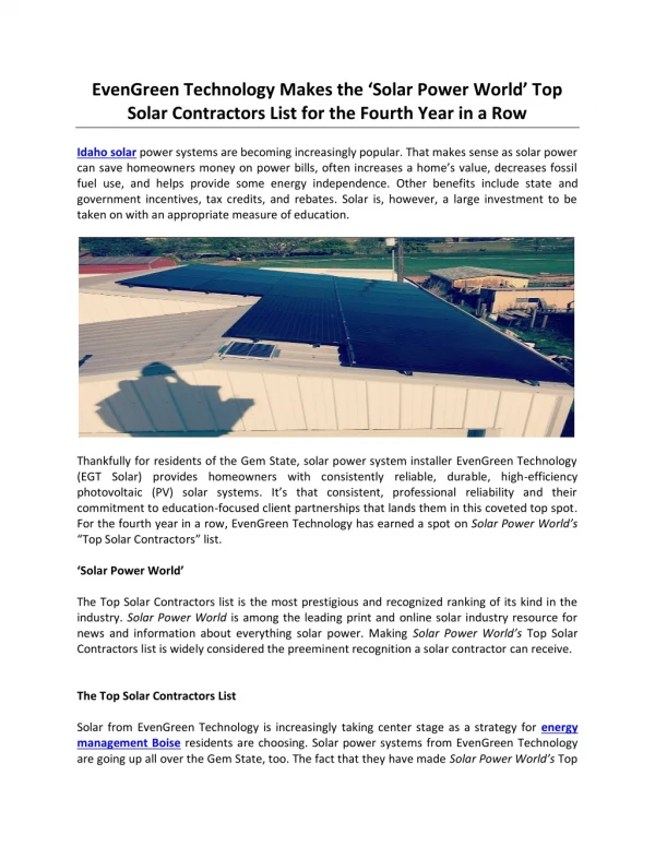 EvenGreen Technology Makes the ‘Solar Power World’ Top Solar Contractors List for the Fourth Year in a Row