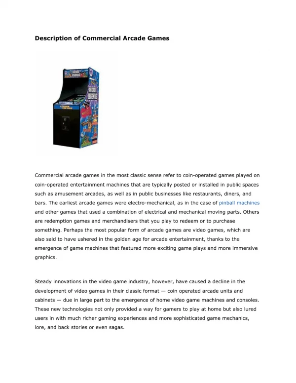 Description of Commercial Arcade Games