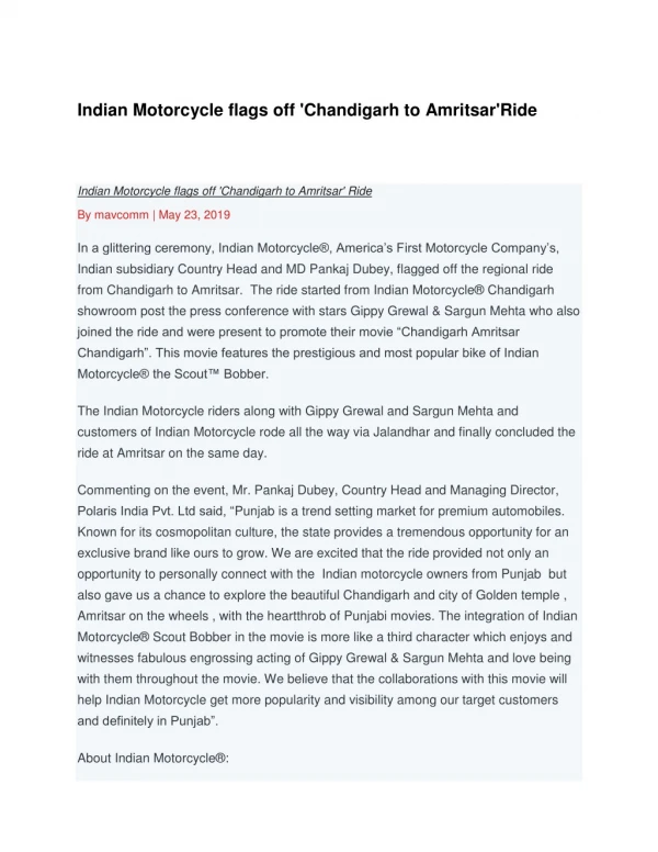 Indian Motorcycle flags off 'Chandigarh to Amritsar'Ride
