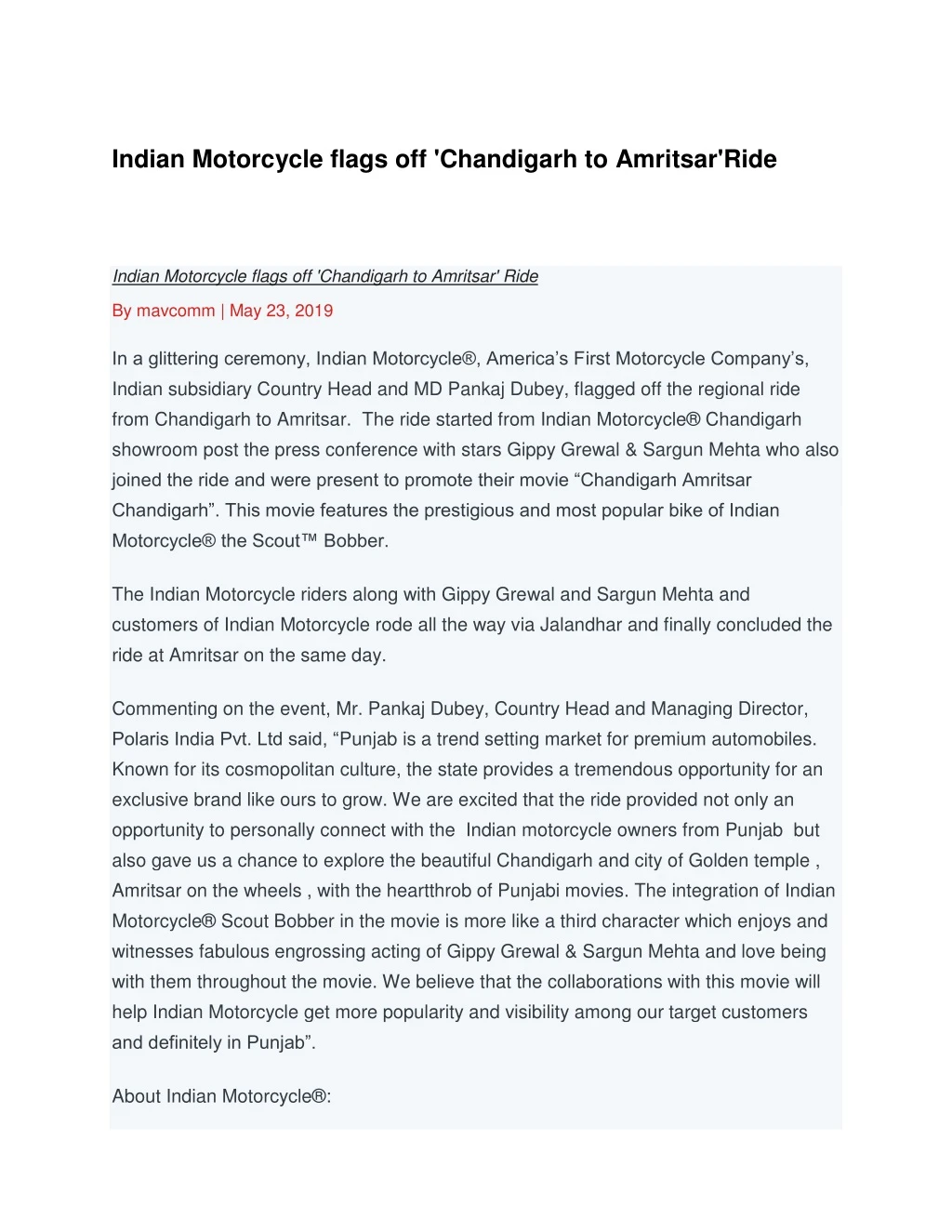 indian motorcycle flags off chandigarh