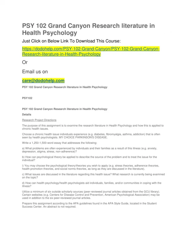 PSY 102 Grand Canyon Research literature in Health Psychology