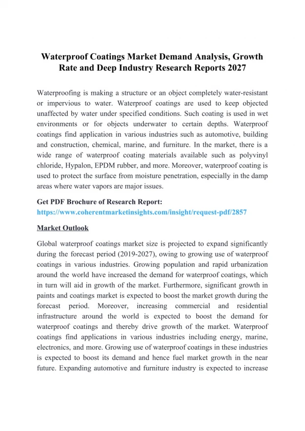 Waterproof Coatings Market Demand Analysis, Growth Rate and Deep Industry Research Reports 2027