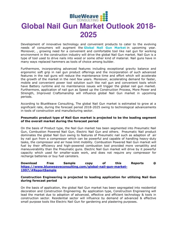 Nail Gun Market Scenario Highlighting Major Drivers & Trends 2018- 2025