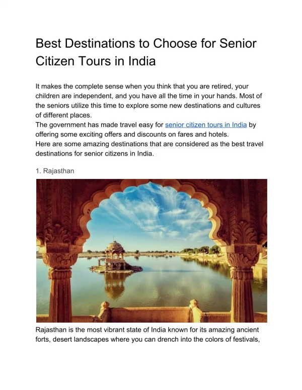 Best Destinations to Choose for Senior Citizen Tours in India