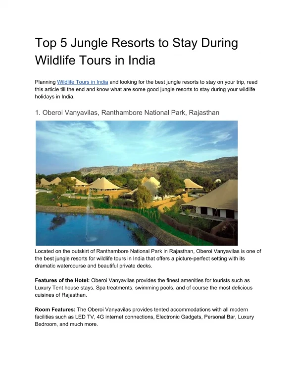 Top 5 Jungle Resorts to Stay During Wildlife Tours in India