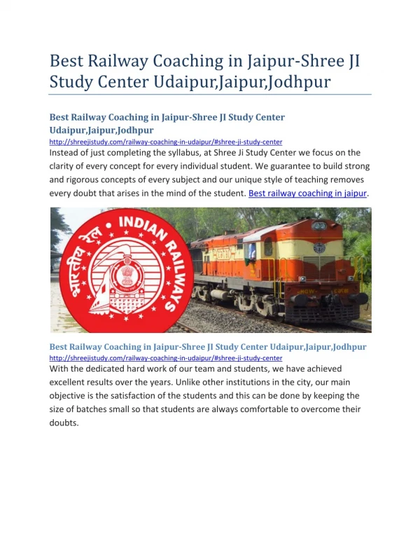 Best Railway Coaching in Jaipur-Shree JI Study Center Udaipur,Jaipur,Jodhpur