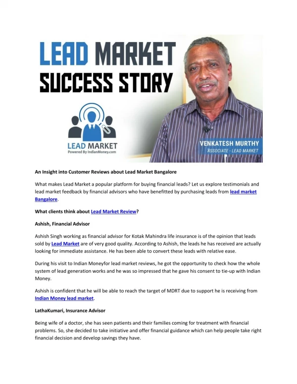 An Insight into Customer Reviews about Lead Market Bangalore
