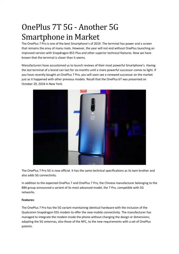 OnePlus 7T 5G - Another 5G Featured Mobile in Market