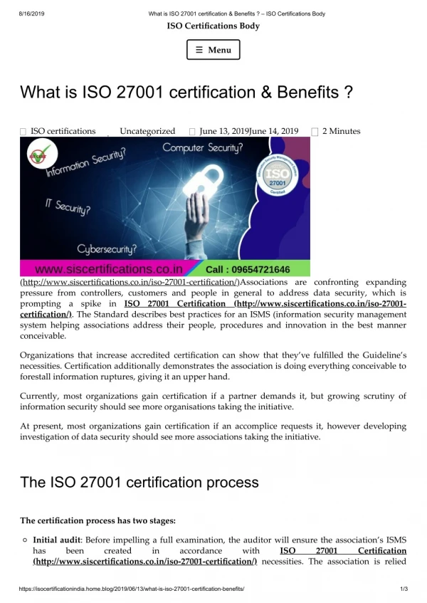 What is ISO 27001 certification (ISMS) Benefits for an organization?