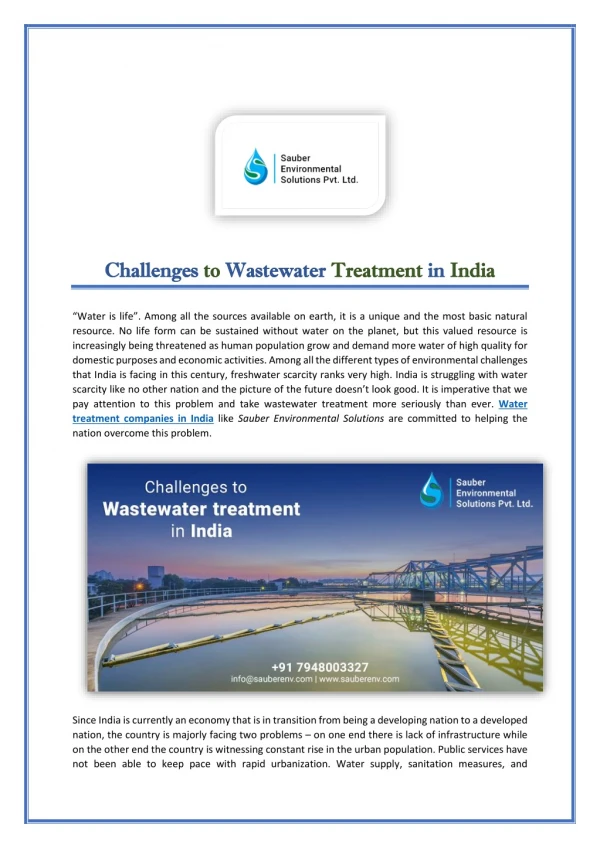 Difficulties to Wastewater treatment in India