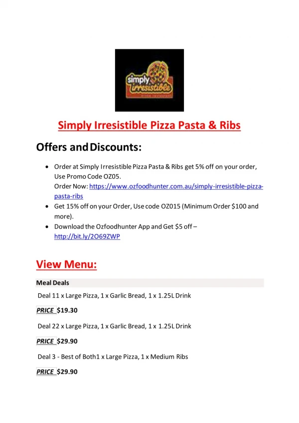 15% Off - Simply Irresistible Pizza Pasta & Ribs-Bayswater - Order Food Online