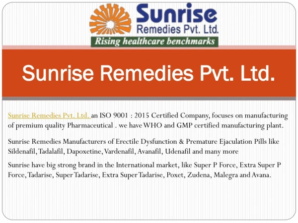 Sunrise Remedies | medicines for ED & PE | Pharmaceutical