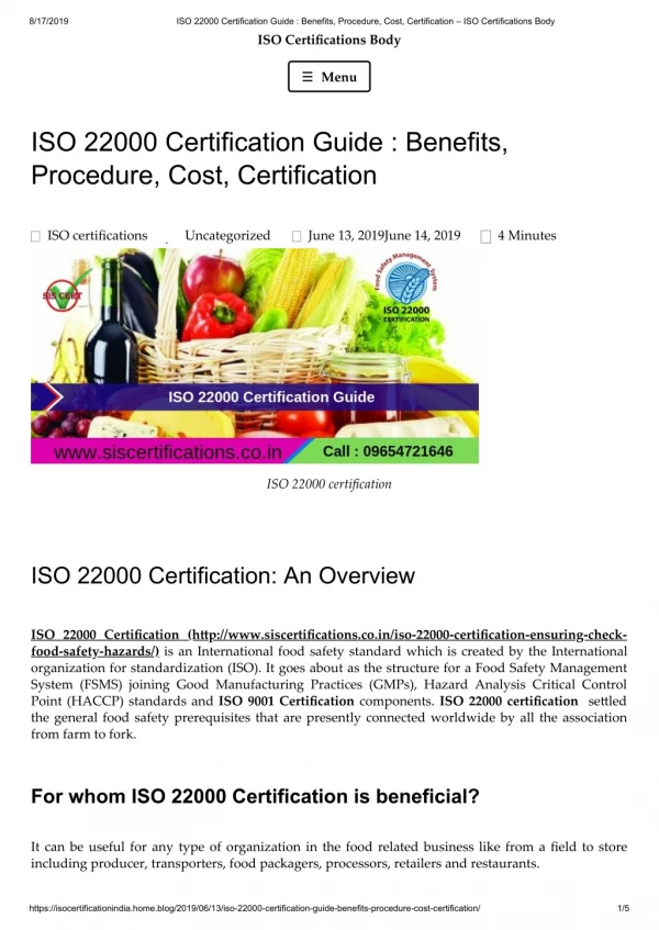 What is benefits,procedure and cost of ISO 22000 Certification (FSMS)?