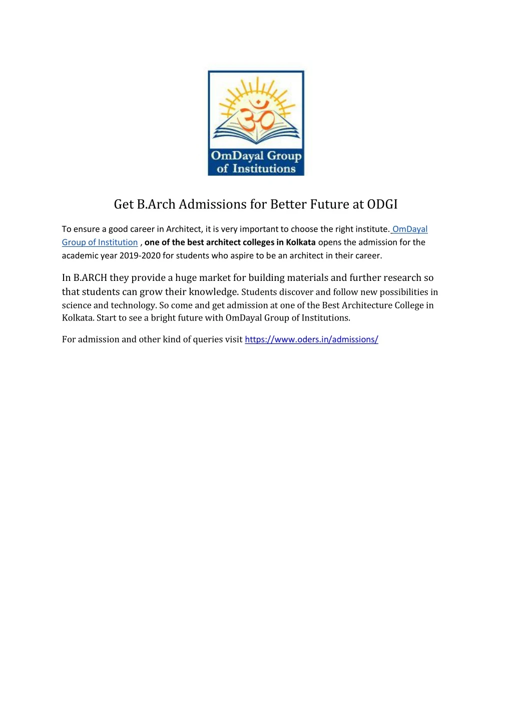 get b arch admissions for better future at odgi