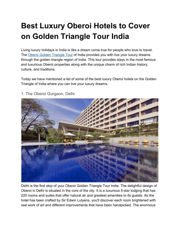 Best Luxury Oberoi Hotels to Cover on Golden Triangle Tour India