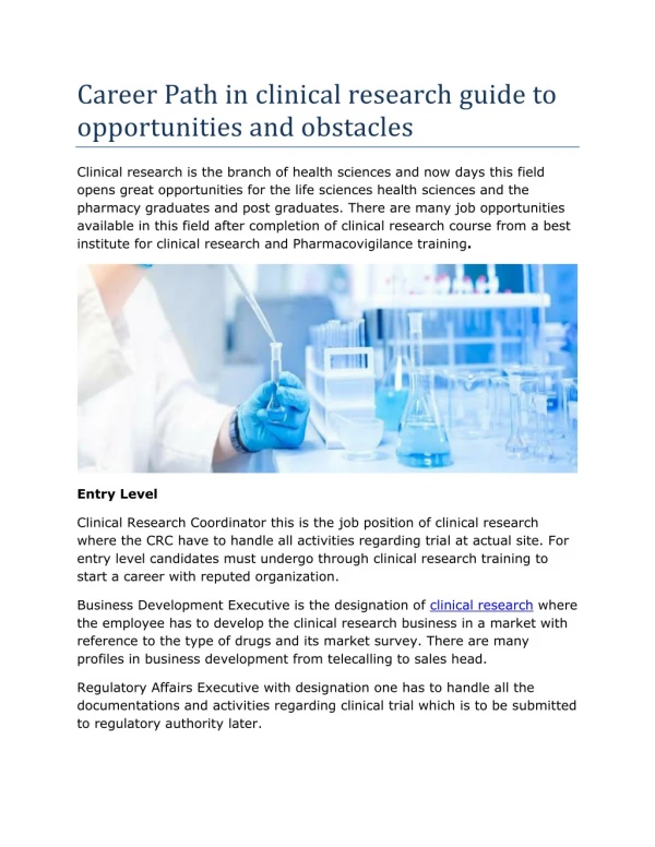 Career Path in clinical research guide to opportunities and obstacles