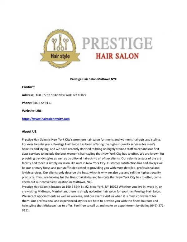 Prestige Hair Salon Midtown NYC