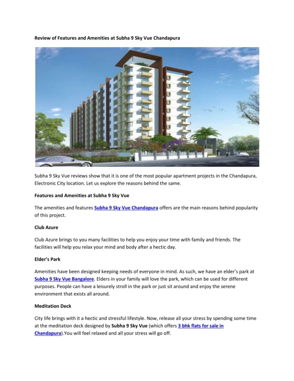 Review of Features and Amenities at Subha 9 Sky Vue Chandapura
