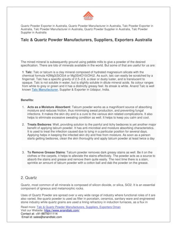 Talc & Quartz Powder Manufacturers, Suppliers, Exporters Australia