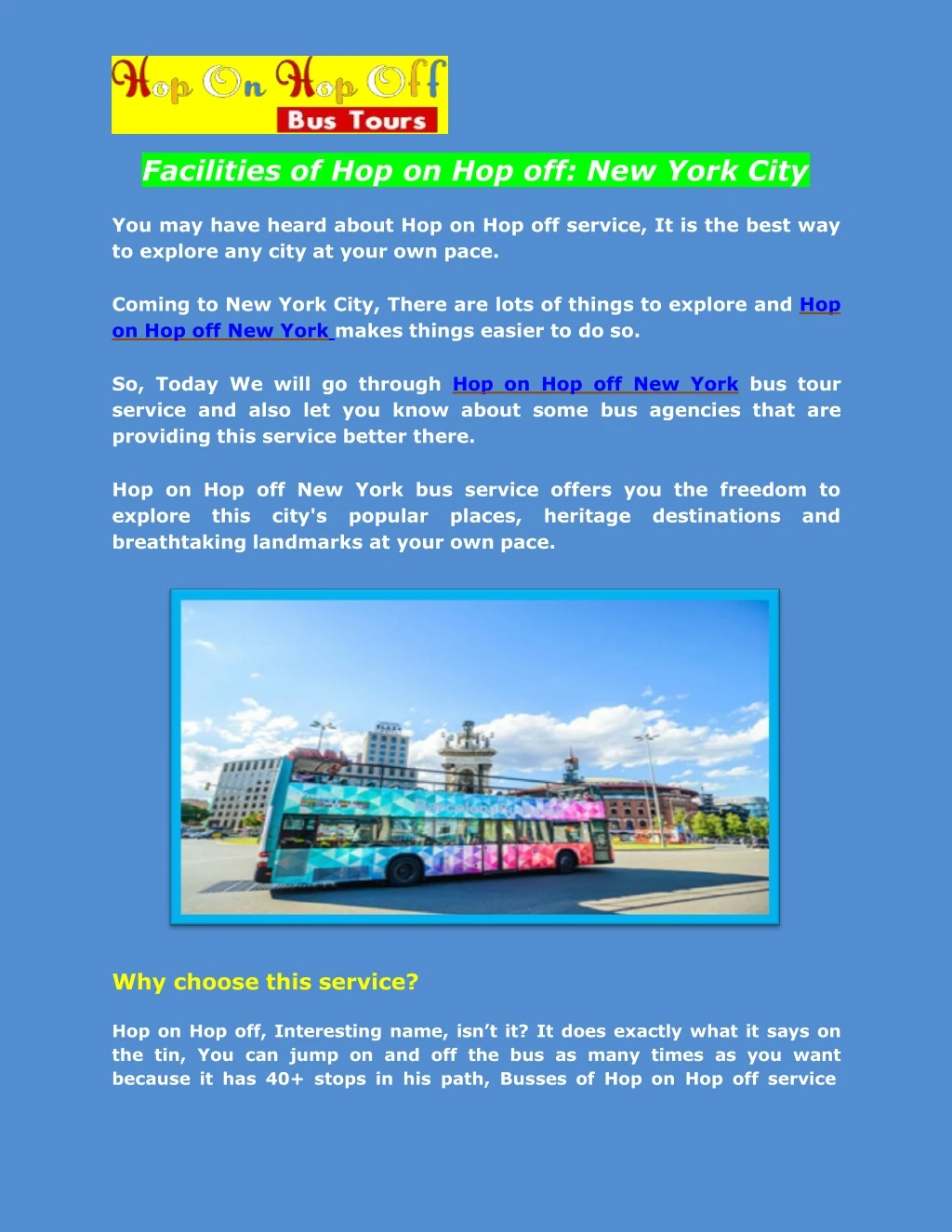 facilities of hop on hop off new york city